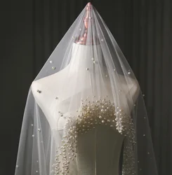 Perlen Hochzeit Schleier 1 Schicht Lange Braut Kathedrale Schleier Mit Perlen Mantilla Luxuriöse Tüll Kristall Braut Schleier Haar Zubehör