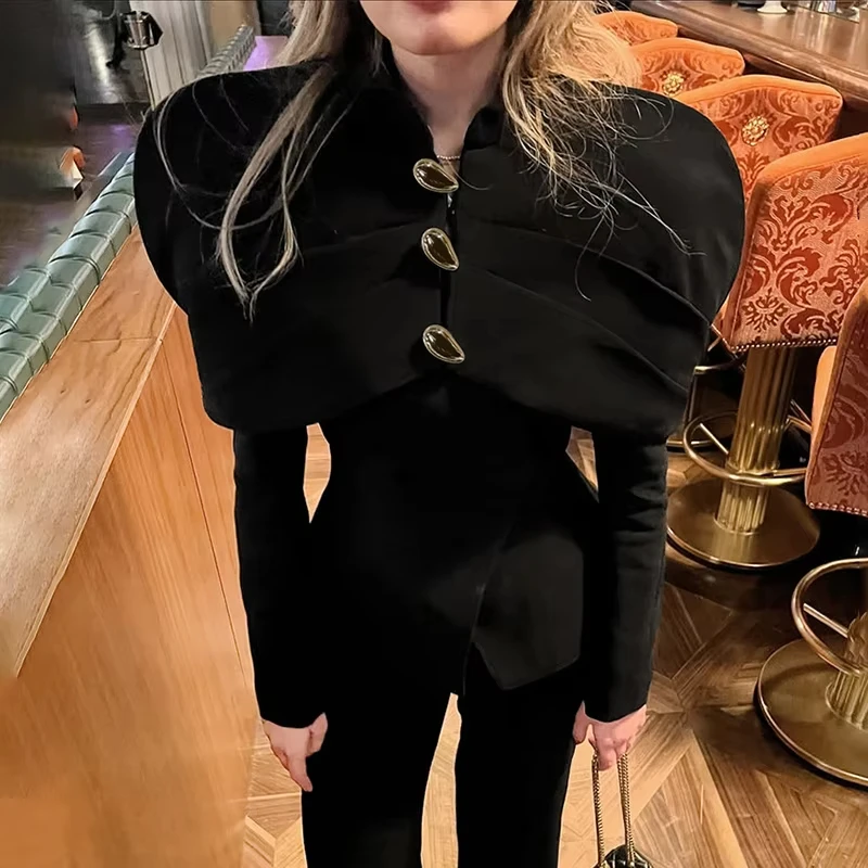 

Black Elegant Blazer For Women 2025 Autumn Fashion Gold Buttons Patchwork Jacket Coat Party Vintage Commuter Suit Jacket
