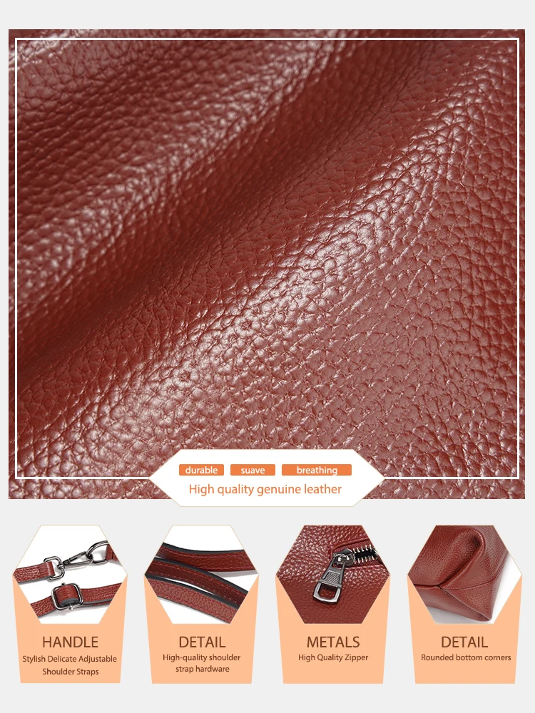 Zency New Summer Genuine Leather Shoulder Cross Body Bag Large Capacity Women Bag with Detachable Long Strap Simple Designer