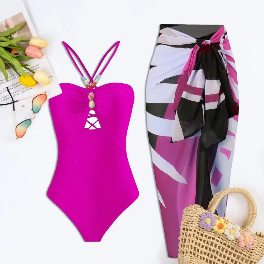 Semi-backless Swimsuit Women One-piece Swimsuit Women's 2-piece Monokini Skirt Set with One Shoulder Bead Decor for Surfing