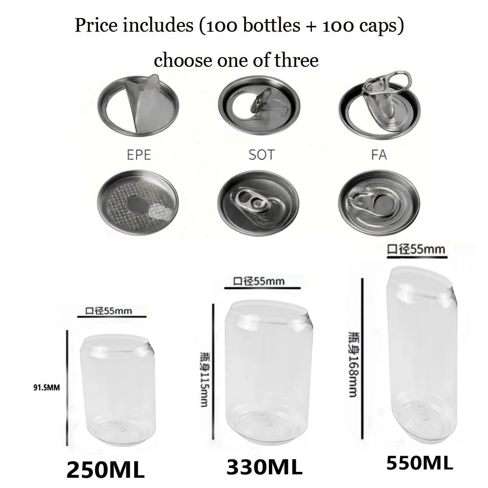 100 unidades de botellas de PET transparentes de grado alimenticio de 250/330/500ML con tapas, para organización y almacenamiento en la cocina y despensa.