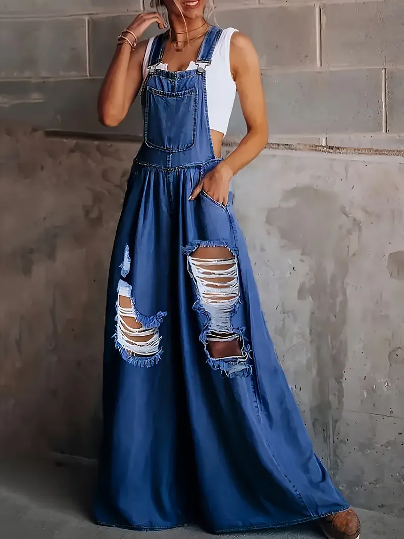 Women Loose Pocket Ripped One-piece Jeans Sleeveless Overalls Jeans