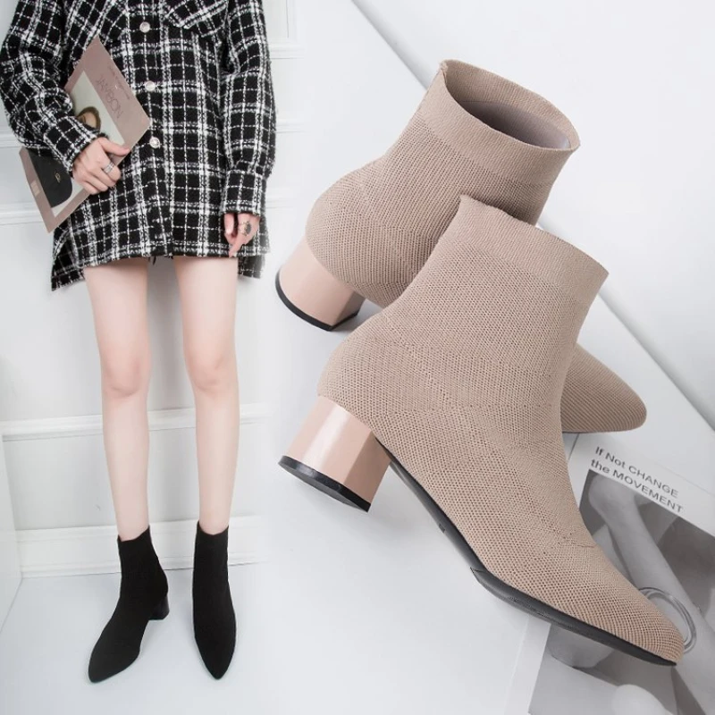 Pointed Toe Ankle Boots Autumn Women\'s Korean Style Fashion Solid Color Elastic Sock Boots Thick Heel High Heels Botas Femeninas