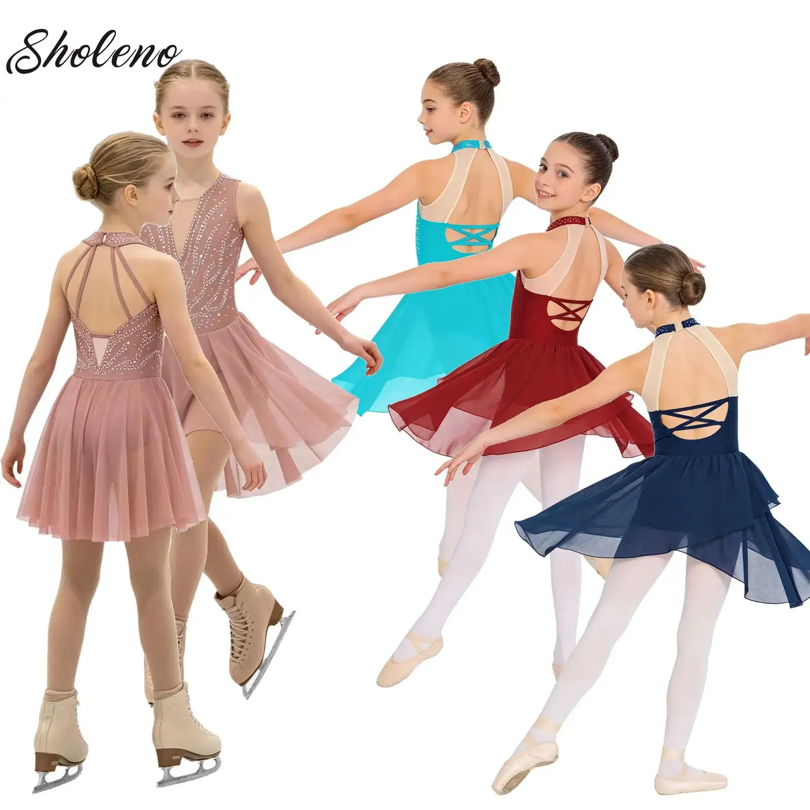 

Kids Girls Gymnastic Artistic Figure Skating Performance Costume Glittery Rhinestones Ballet Jersey Lyrical Dance Leotards Dress