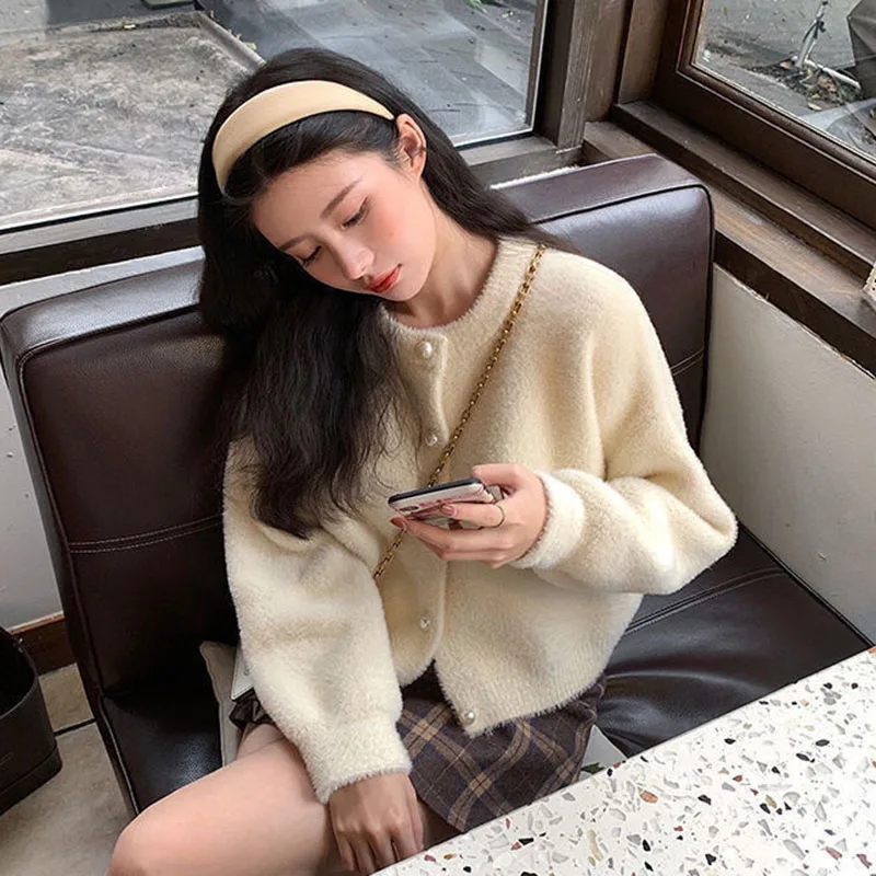 Fashion Faux Mink Fur Sweater Coat Ladies Korean Chic O-neck Soft Knitted Short Cardigan Women All-match Single-breasted Sweater