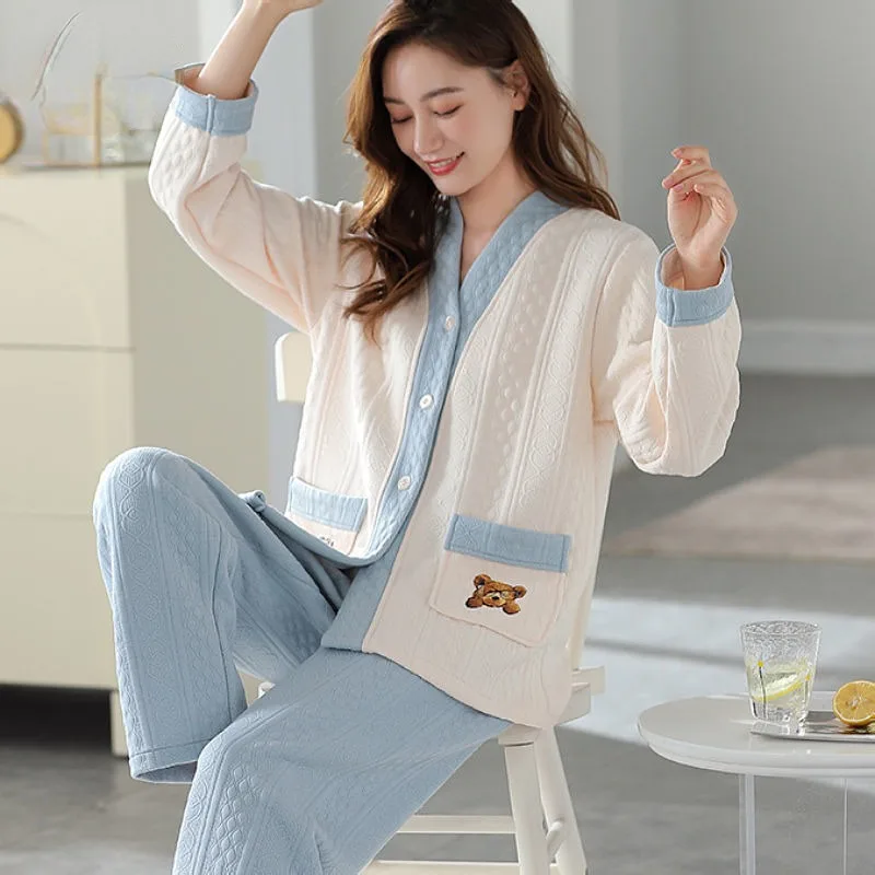 2024 New Sandwich Pajamas Women's Autumn Winter Sleepwear Air Cotton Long Sleeved Loungewear V-neck Thickened Warm Homewear