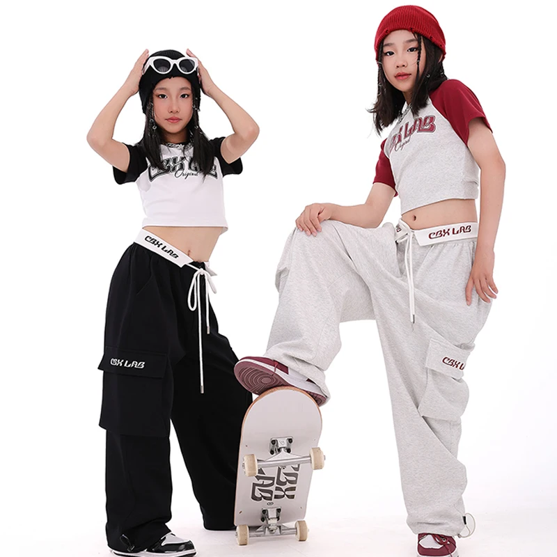 2023 Hip Hop Dance Costumes For Kids Short Crop Tops Cargo Pants Streetwear Girls Jazz Dance Performance Show Clothes DQS13314