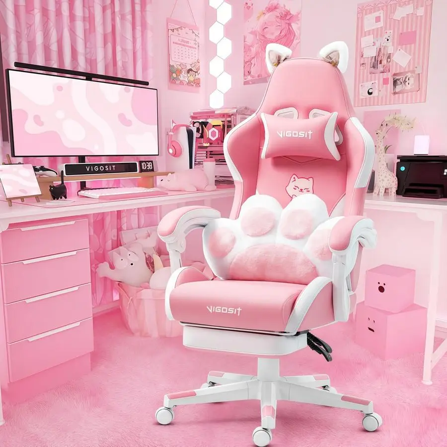 

Cat Ears Gaming Chair Pink PU Leather Ergonomic Reclining Office Chair with Footrest, 310lb Capacity, 6Position Recline