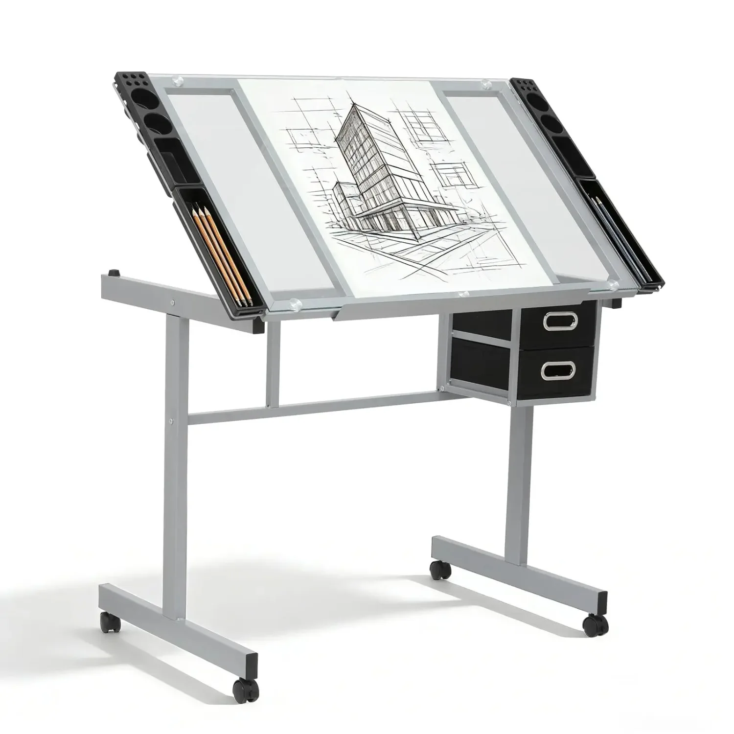 Drafting Table Adjustable Drawing Table | Art Craft Desk with 0-65° Tilting Glass Tabletop, Painting Sketching Work