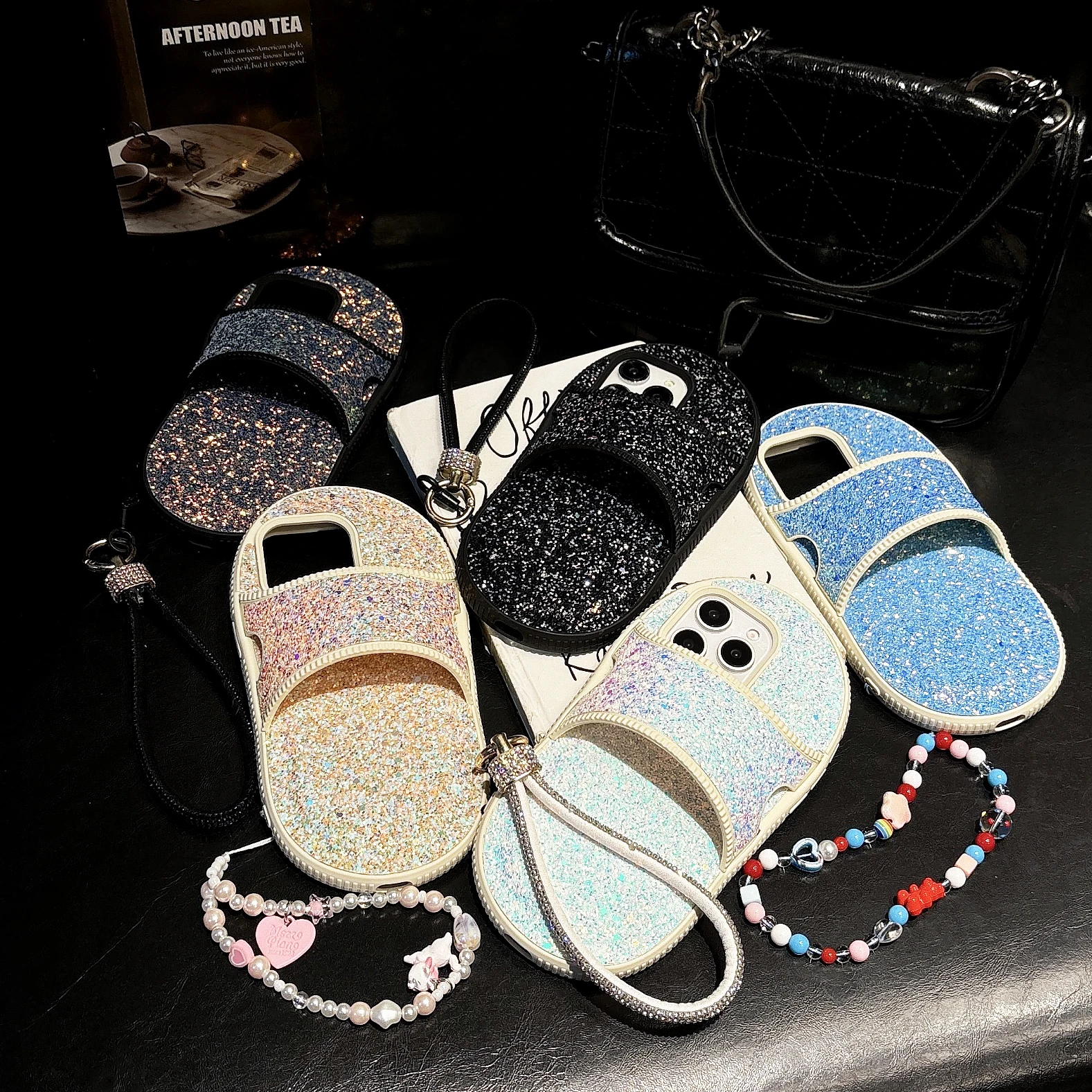 

Unique Blingbling Glitter Slippers Diamond Heart Pearl Wrist Strap Phone Case Cover For IPhone 13 14 15 16 Pro Max