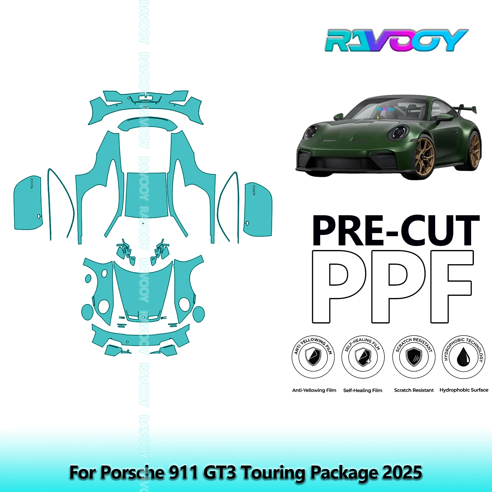 

Для Porsche 911 GT3 Touring Package 2025 8,5 мил предварительно вырезанная защитная пленка для краски PPF полный автомобильный прозрачный бюстгальтер