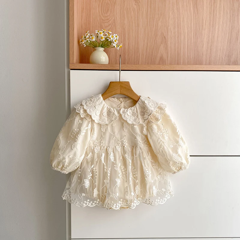 Baby-Mädchen-Strampler aus Spitze, langärmelig, mit Stickerei, Peter-Pan-Kragen, Body, Neugeborenen-Overall, beige, Geburtstags-Foto-Outfit, 0-24 Monate – Detail 5