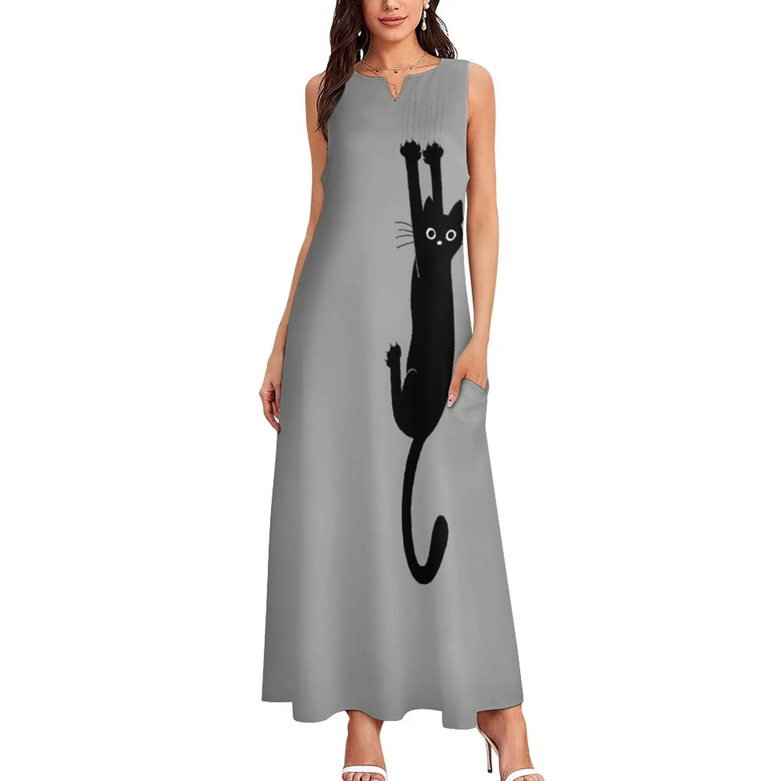 Black Cat Holding On Long Dress Woman's evening dress cocktail dresses dress