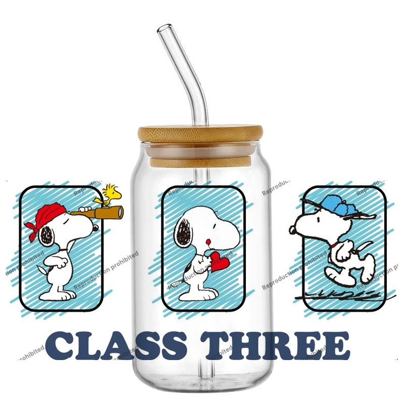 Miniso لطيف الكرتون سنوبي نمط UV DTF نقل الزجاج ملصق مقاوم للماء نقل الشارات ل 16 أوقية كوب زجاجي التفاف ملصقات