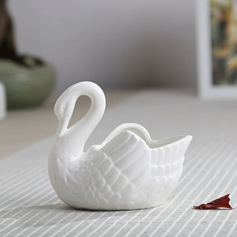 Swan Ceramic Ornaments Decoration Desktop Storage Box Tealight Candles Holder Flower Pot Home Decor Furnishings White Pink