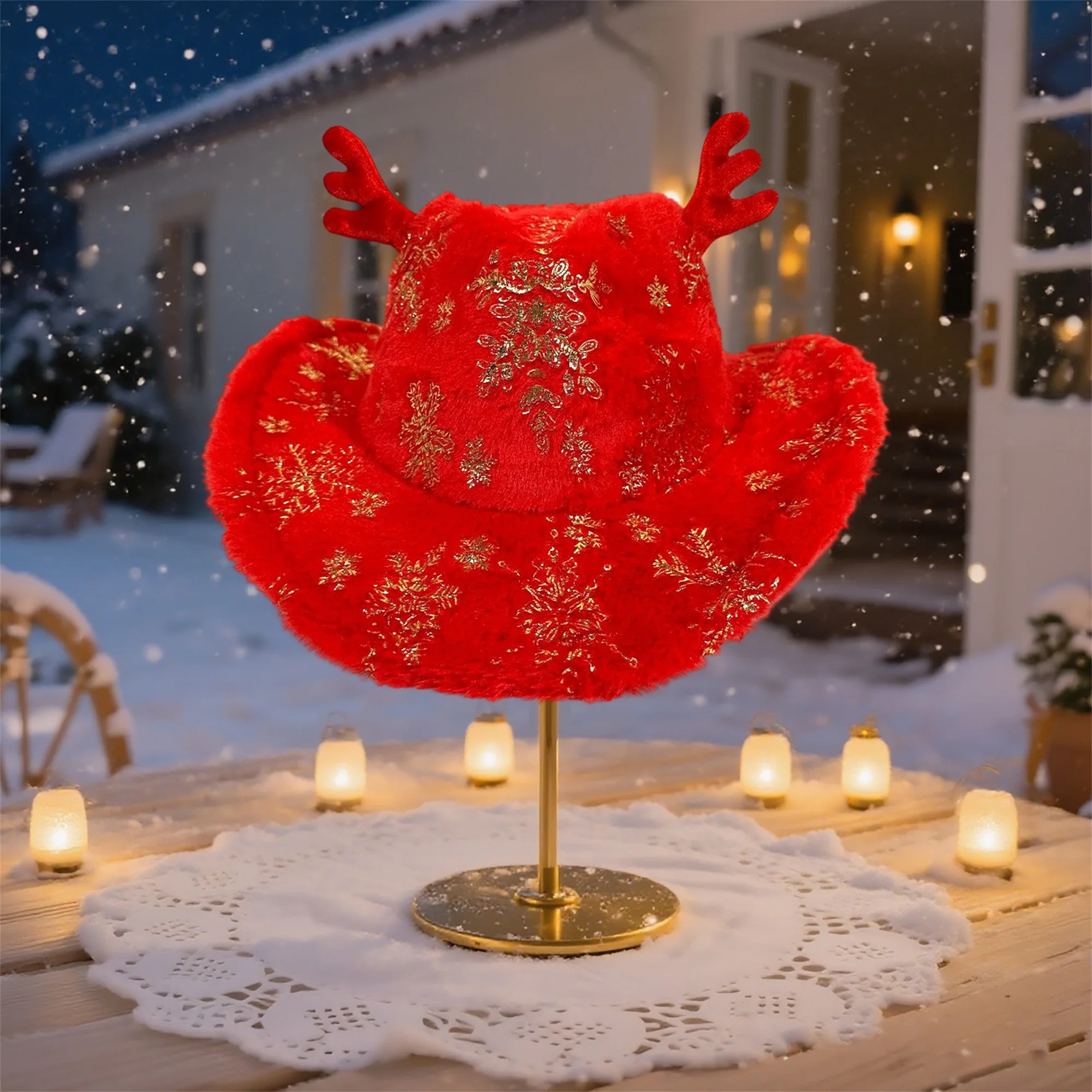 

Рождественская кепка-ковбойка с оленями, праздничная шляпа с принтом снежинок, украшенная рогами, широкополая шляпа для мужчин и женщин, вечеринка на открытом воздухе