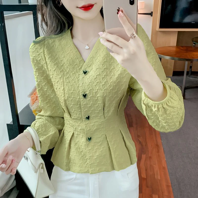 French Casual V-Neck Puff Long Sleeved Women\'s Shirts And Blouses Heart Button Pleated Slim Top Office Lady\'s Elegant Shirt