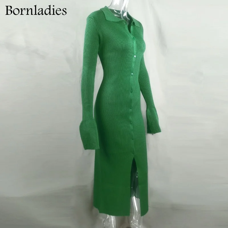 Bornladies Donna 2021 Autunno Nuovo Stile delle Donne a maniche lunghe con scollo a V Bottone lungo Manica svasata Donna Abito maglione verde