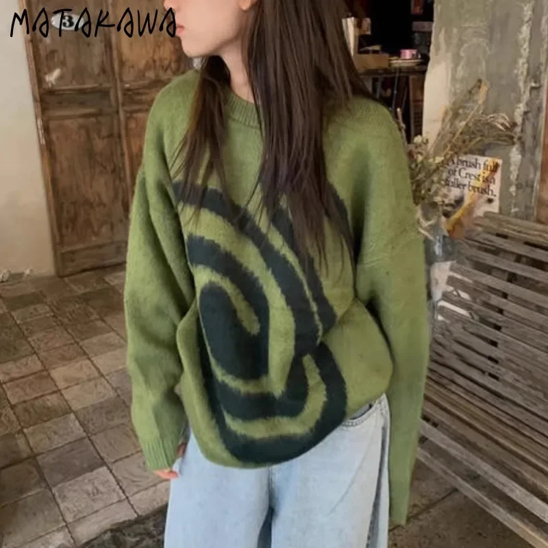 Matakawa Korean Fashion Vintage Sweaters Women Tops Contrast Color Thick Autumn Winter Pull Femme Warm Basics Pullovers