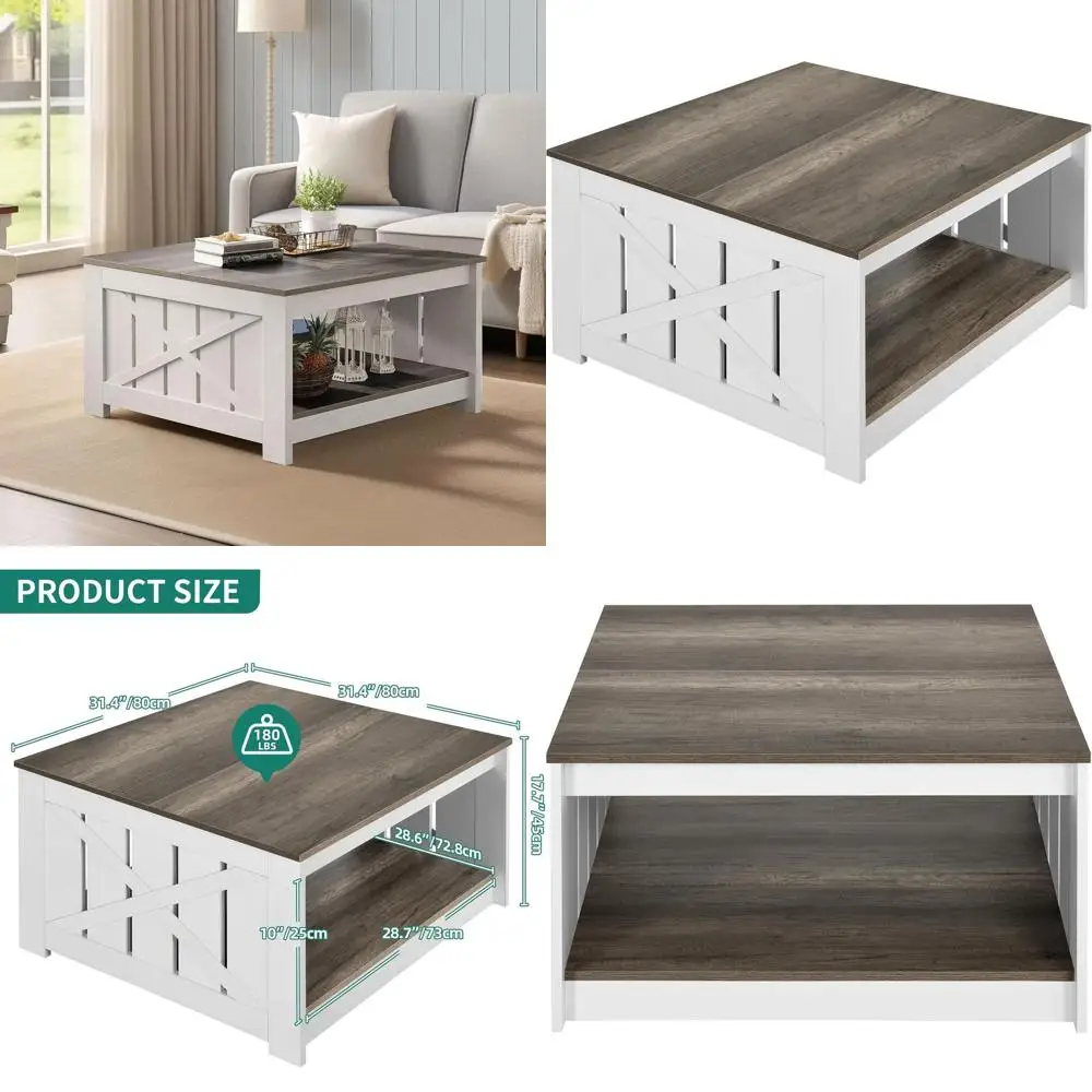 Rustic Farmhouse-Style Coffee Table, Square with Half-Open Storage, Light Brown & White for Living Room