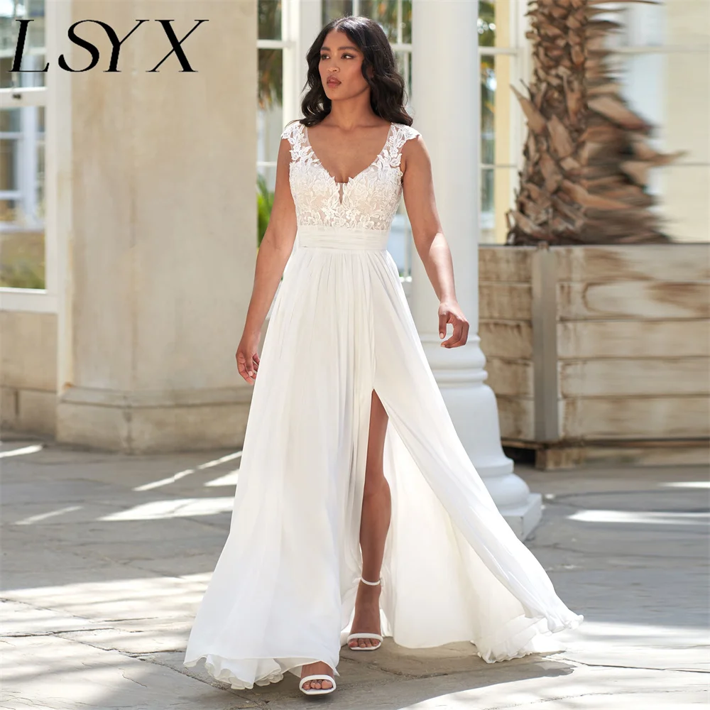 LSYX-Robe de mariée princesse Boho, col en V profond, mancherons, dentelle, ligne A au dos, fente latérale haute, train de cour, patients