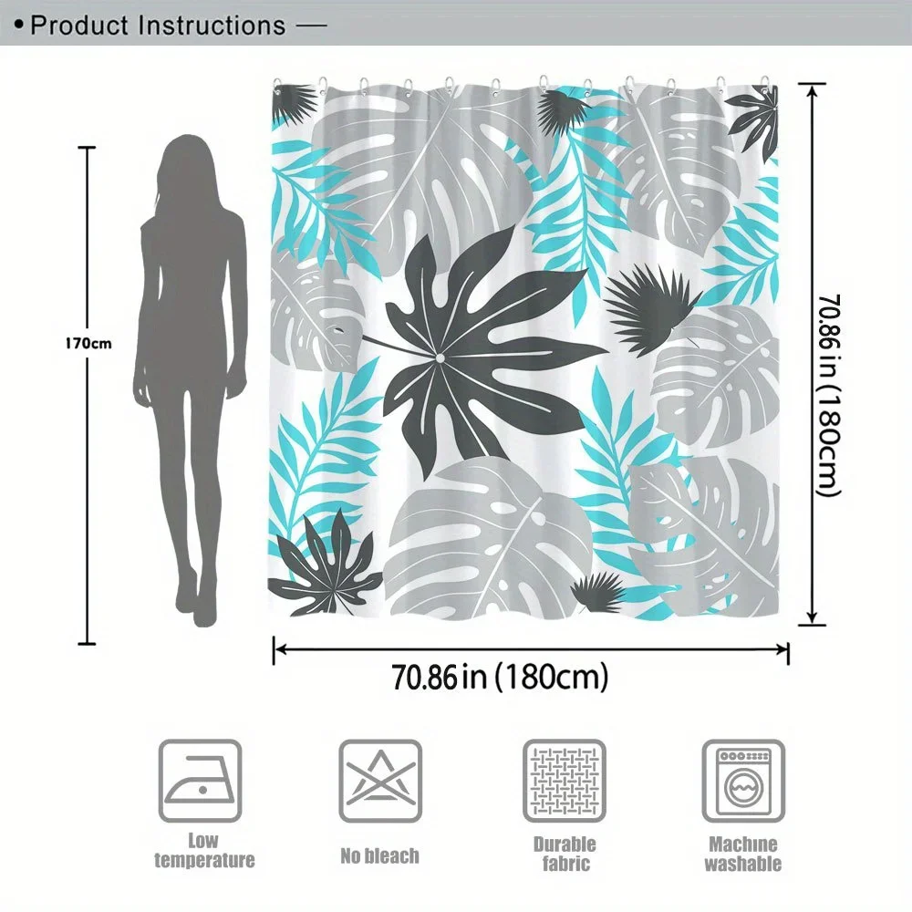 Zasłona prysznicowa z motywem liści tropikalnych - wzór monstery i paproci, 12 haczyków, poliester nadający się do prania w pralce, stylowy wystrój łazienki