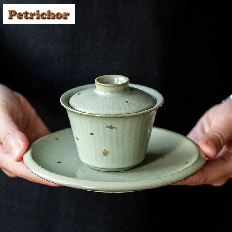 

120 мл Golden Glazed Ru Kiln Gaiwan Boutique Чайная подставка Чайная чаша с крышкой Комплект чайника Крышка Чаша Чайная посуда Украшения Горшок Подшипник