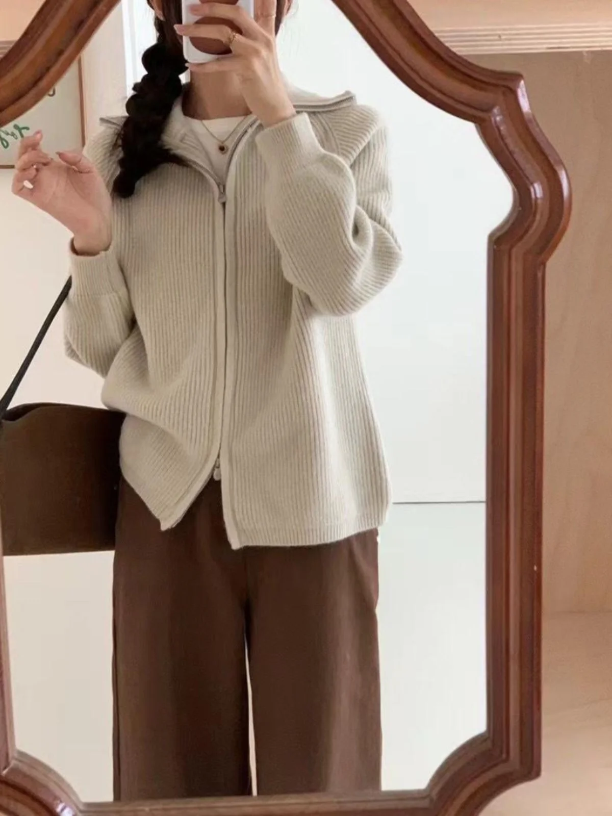 Korean Sle Loose Fit Double Zipper Knitted Jaet Thiened Heavy Egg Polyester Fiber Long Sve Cardigan Women's Outerwear