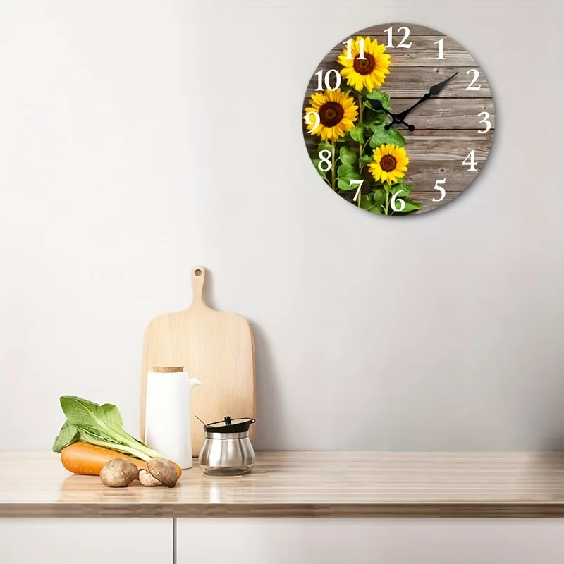 Rustic Sunflower-Themed Silent Wall Clock - Decorative Round Wooden Clock with Vibrant Floral Design, Quiet Operation for Home Decor & Gift, AA Battery Required (Not Included), Wall Clock Living Room