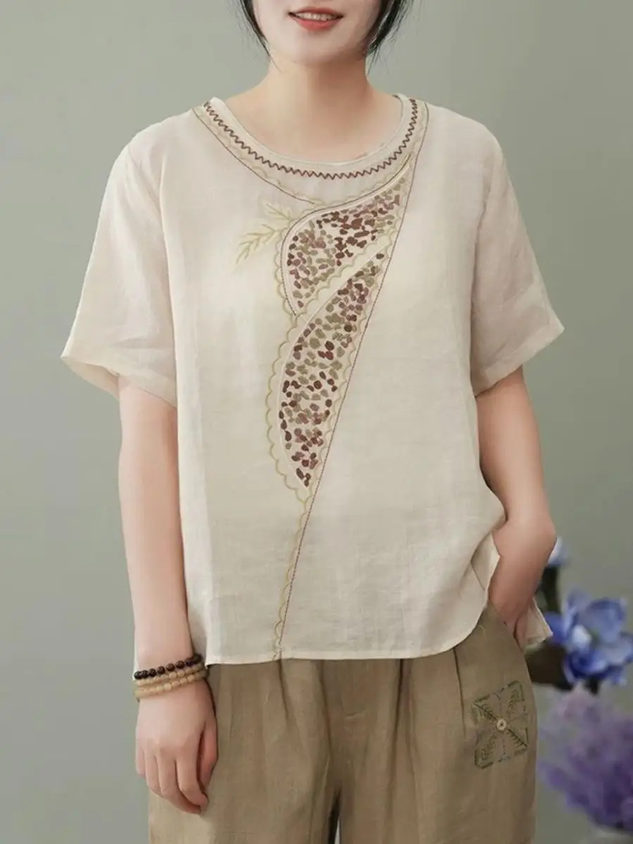 Embroidered Cotton Linen Shirt Loose Fit Lightweight round Neck T-Shirt Vintage Style Tea Service Mom Suitable Spring Summer