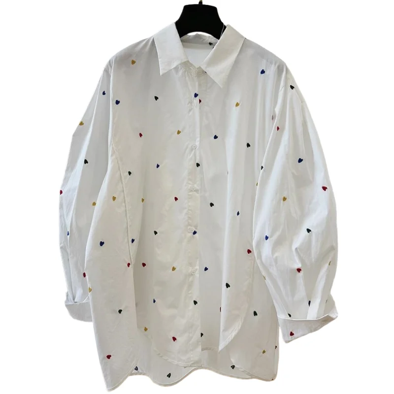 

SuperAen Casual Cotton Shirt for Women Autumn New Loose Long-sleeved Korean-style Heart-shaped Embroidery Sweet Shirts