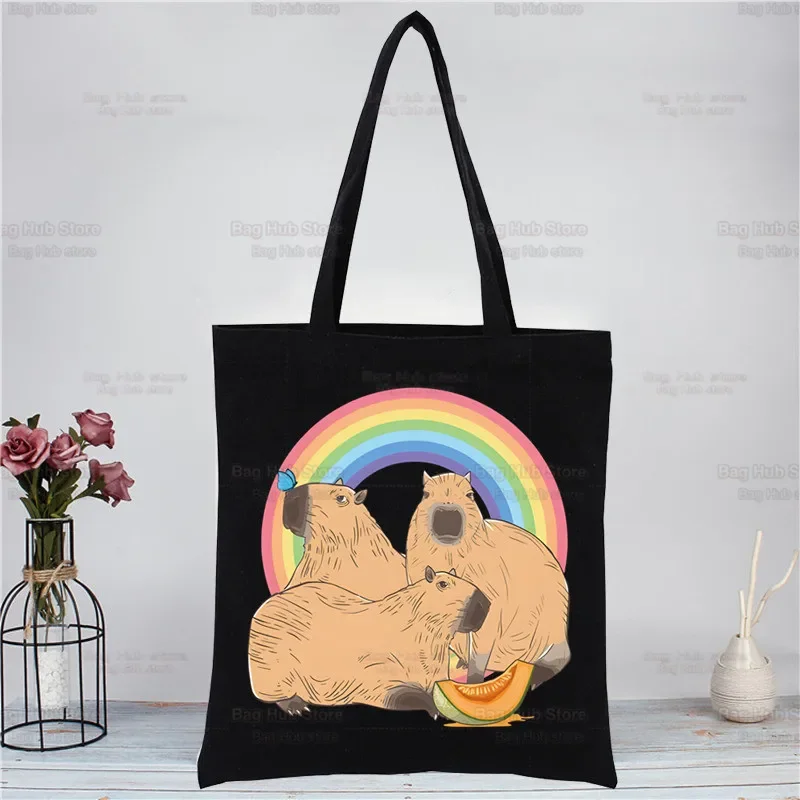 

Funny Animals Capybara Cartoon Cute Women's Shopper Bag Canvas Tote Shoulder Bags Shopping Bag Black Cloth Handbags Eco Friendly