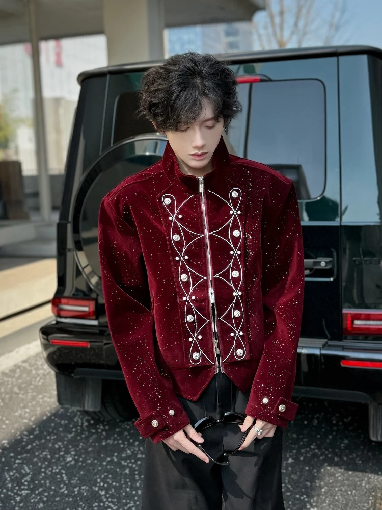 Cleanfit Metal Button Short Jacket Men's Spring Shoulder Pad Outerwear Baroque Star Pattern Polyester Fiber Long Sleeve