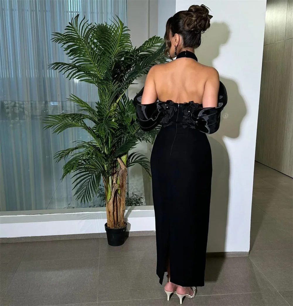 Formal Dress Evening Saudi Arabia Halter Column Ankle Length Skirts Open Back Ribbon Hugging Sleeveless Bespoke Occasion Dresses