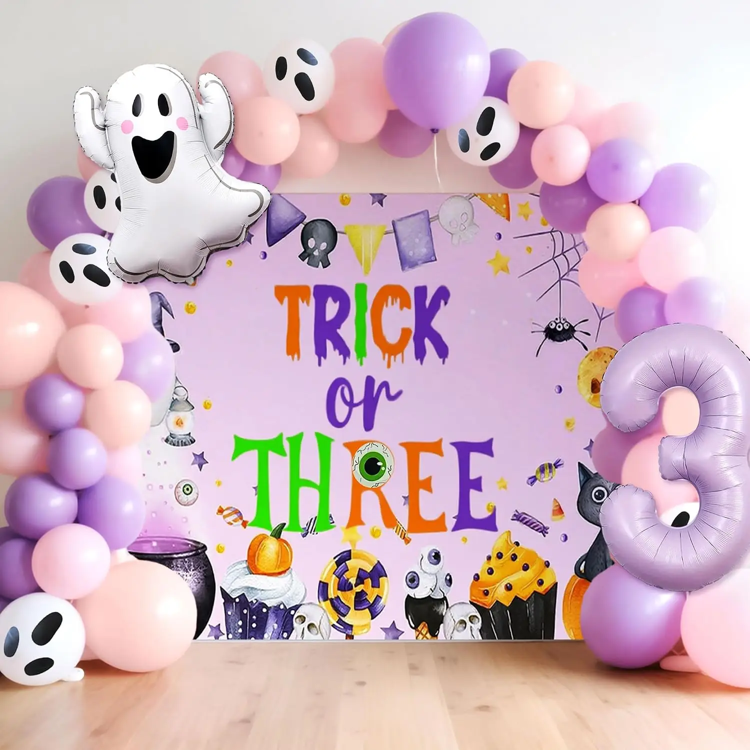 Trick or Three Party Decor Trick Or Three Banner Halloween Ghost Balloons for Pink Halloween Girl Third Birthday Party Decorations