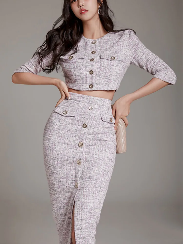 High Quality Tweed Two Piece Set Women Korean Fashion Half Sleeve Short Jacket Coat Crop Top + Skirt Sets Office Lady Outfits