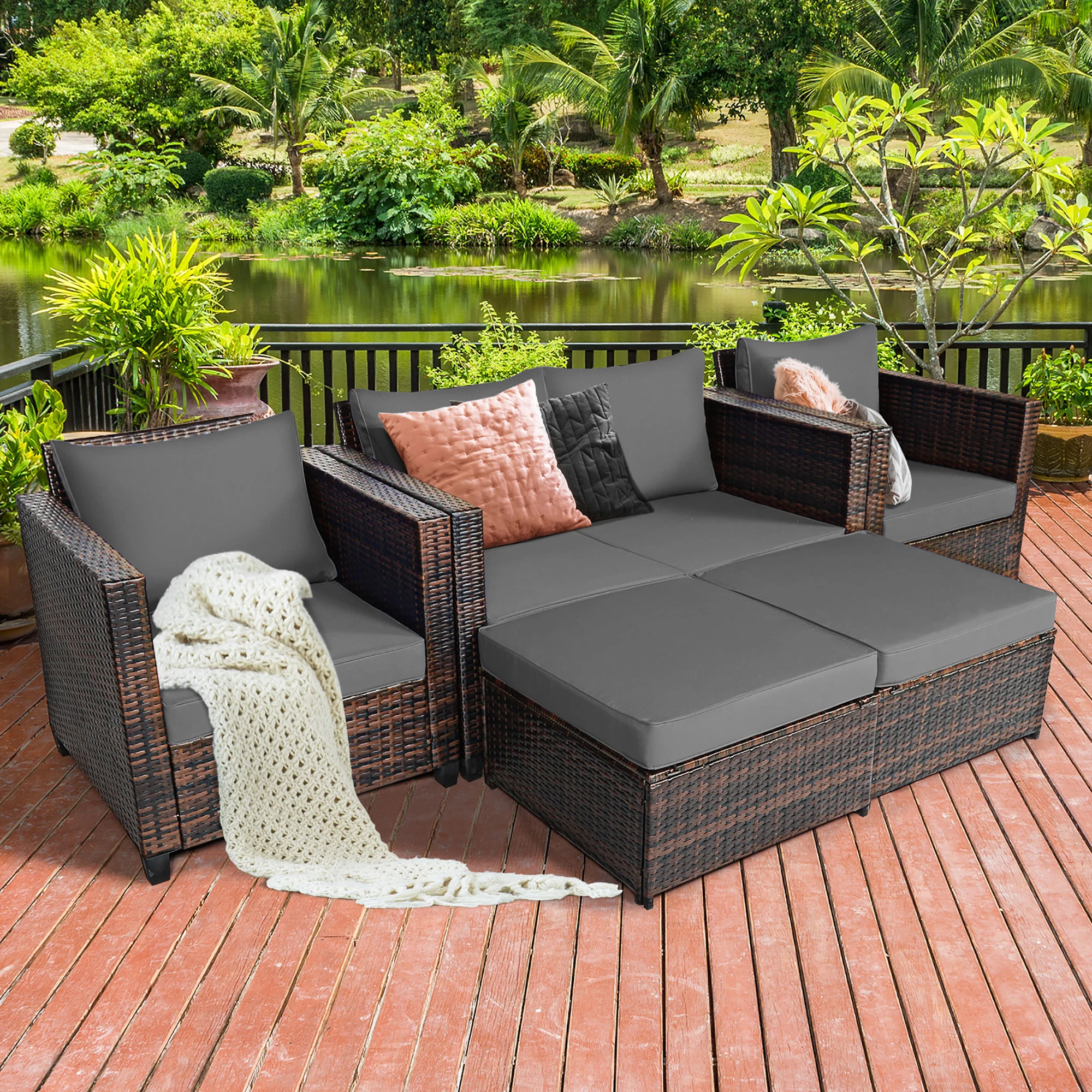 5PCS Patio Rattan Furniture Set Loveseat Sofa Ottoman Cushioned Gray