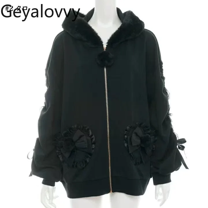 秋の新作 SC ポンポンジッパー無地ジャケット スウィートガールズ 多用途 リボンレース パッチワーク リボンボウ ふわふわフード付きカーディガンコート