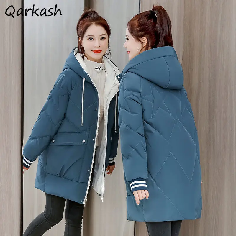 

Parkas Women M-3XL Solid Hooded Elegant Chic Vintage Streetwear Thickening Basic Outerwear Female Warm Fit All-match Popular Ins