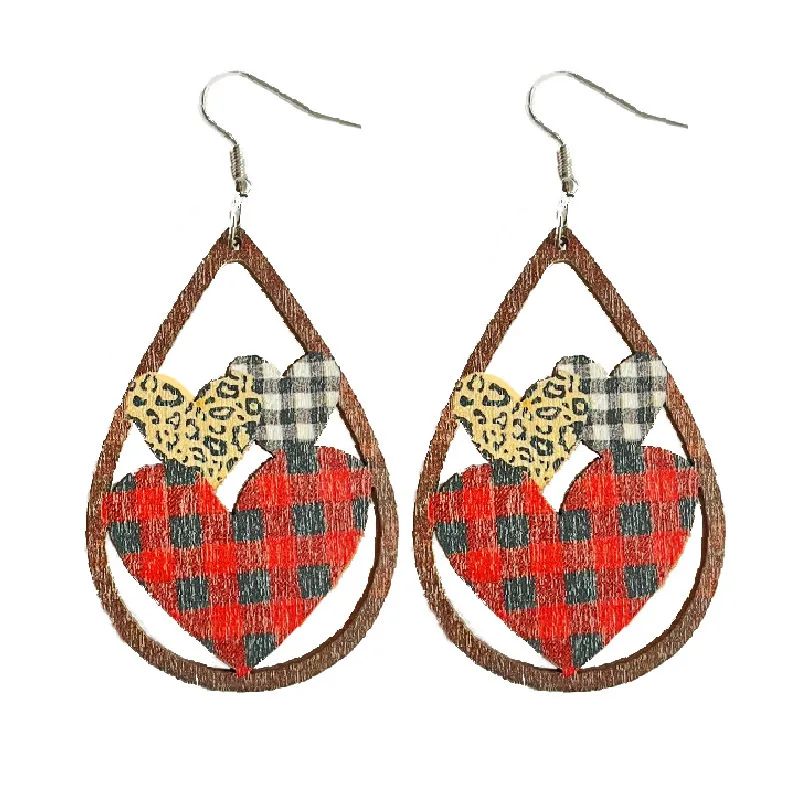 Laser Cutout Wood Print Teardrop Dangle Wooden Earrings for Women Valentines Day Jewelry Girl Gift Wholesale