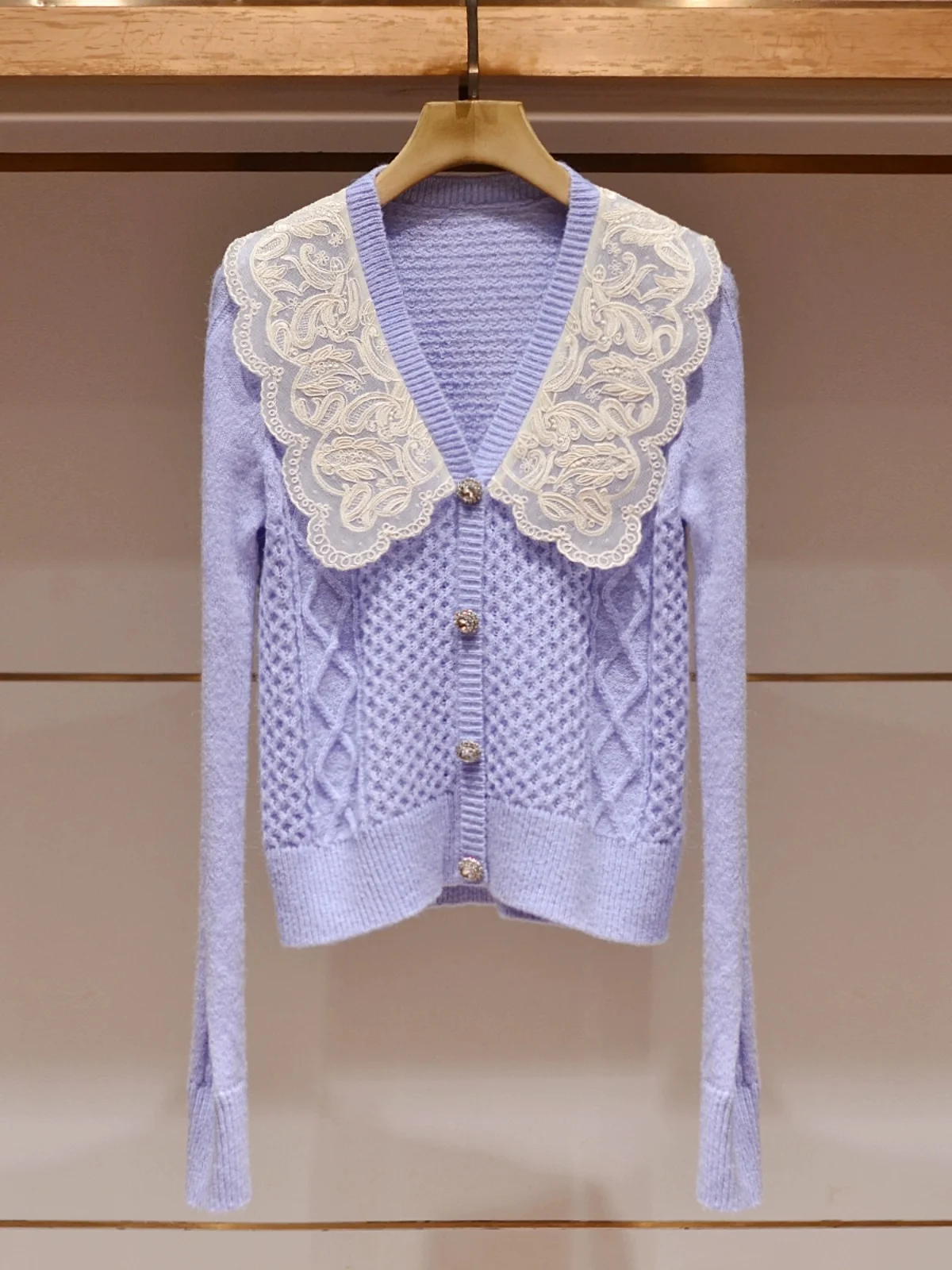 Small Fraance Sle Damen-Strickpullover, bestickt, lang, Sve-Puppenkragen, lila Twist-Strickwaren, damenhafter Pendler