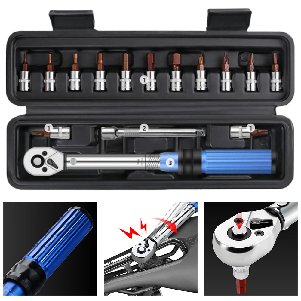 15pcs Ratchet Wrench Set Torque Wrench 1/4 2-24Nm Bike Hex Key Tool Socket Spanner Cycling Repair Tool Ratchet Spanner