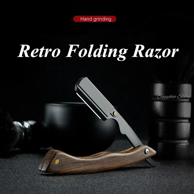 Professional Straight Edge Stainless Steel Folding Razor Golden Sandalwood Handle SHAVING RAZOR Barber Tools Free 10 Blades