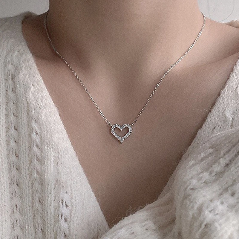 925 Sterling Silver Fashion Necklace For Women Heart Shaped Zircon Necklace Pendant Temperament Clavicle Chain Party Jewelry