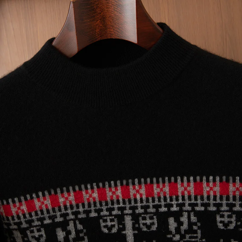 New Popular Autumn Winter Jacquard Pattern Pullover Sweater 100% Wool Casual Round Neck Men's Pullover Pair with Scarf 2-piece