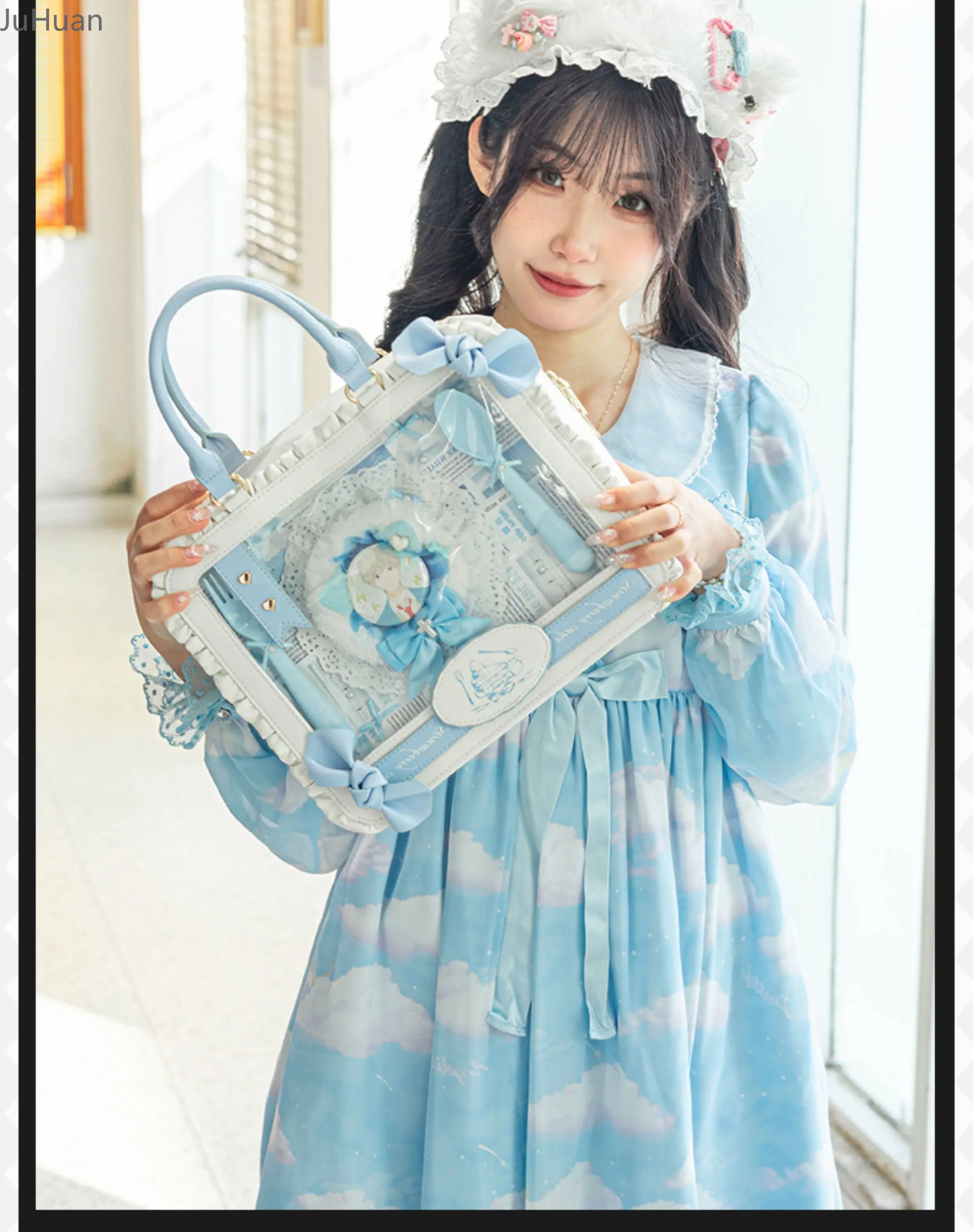 Borsa Lta a doppia spalla bidimensionale Comic-Con giapponese Borsa femminile Lolita con fiocco con volant Borsa a tracolla per cibo medio portatile 3 VENDITE