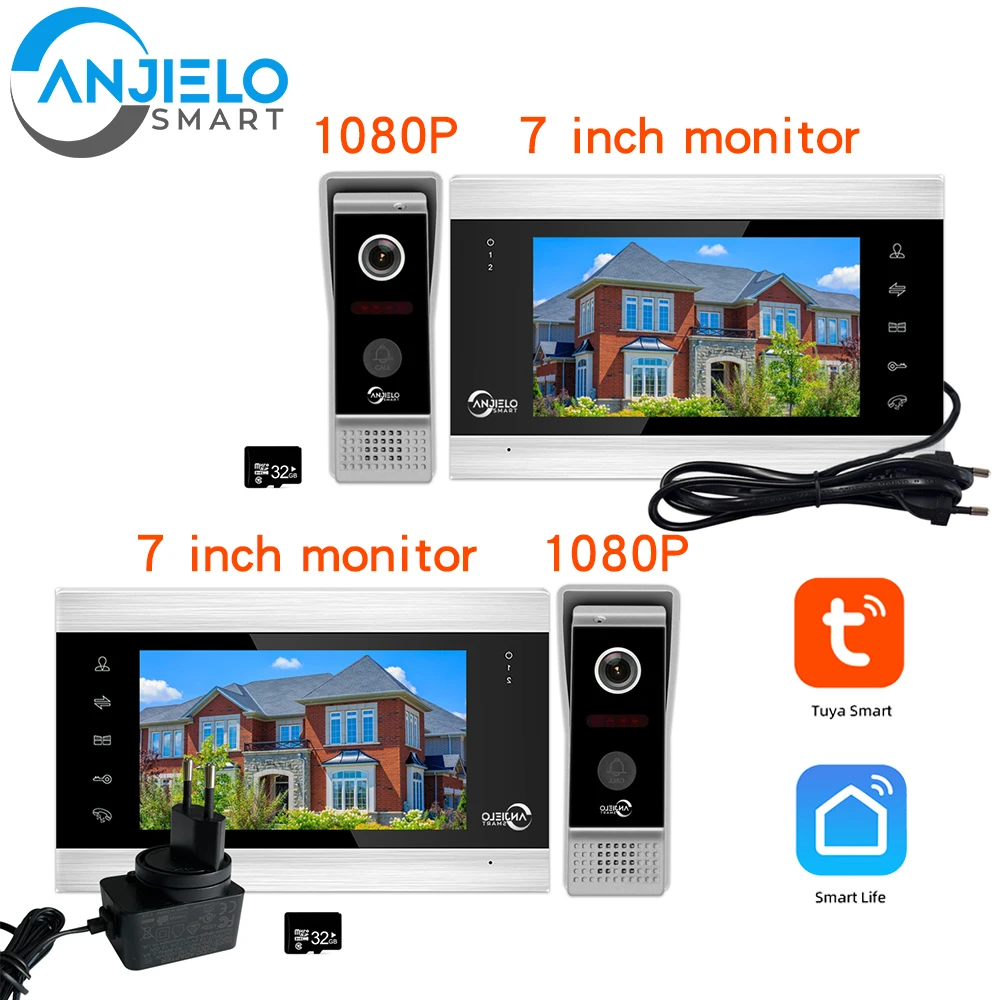 Anjielosmart Wifi Tuya 7 Inch Monitor Video Door Phone Intercom Citofono System 1080p Wired Doorbell Camera for Home Interfone