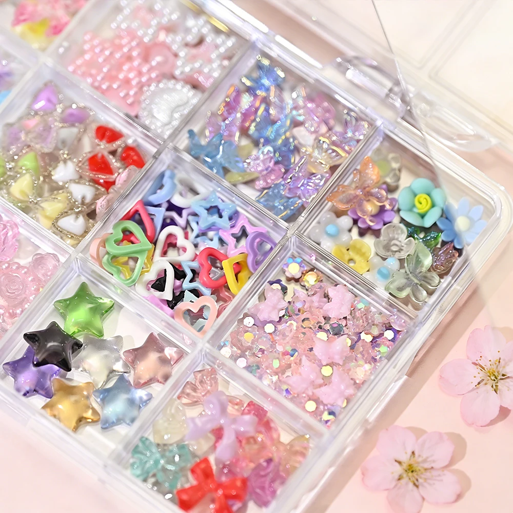 

Набор из 12 сеток: милые звездочки, стразы, разноцветные цветы, бабочки, переливающиеся 3D-украшения для ногтей для дизайна маникюра в салоне