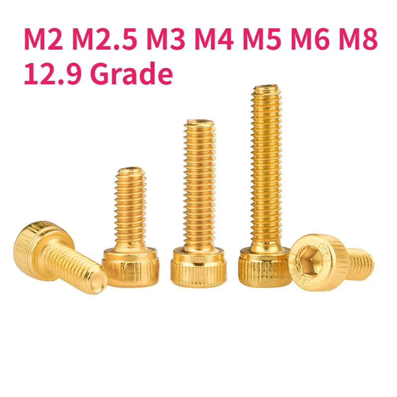 10/20pcs M2 M2.5 M3 M4 M5 M6 M8 12.9 Grade High Strength Gold Plated Allen Hexagon Hex Socket Cap Head Screw Bolt