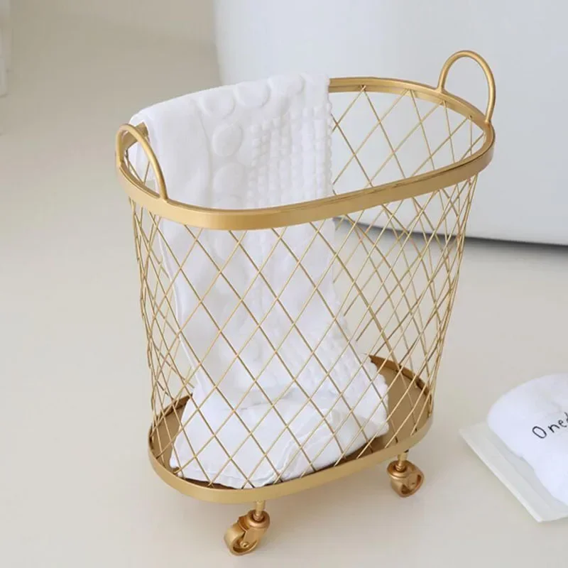 

Modern Golden Metal Dirty Clothes Storage Handle Wheel Laundry Basket Home Creative Storage Box with Wheels laundry basket